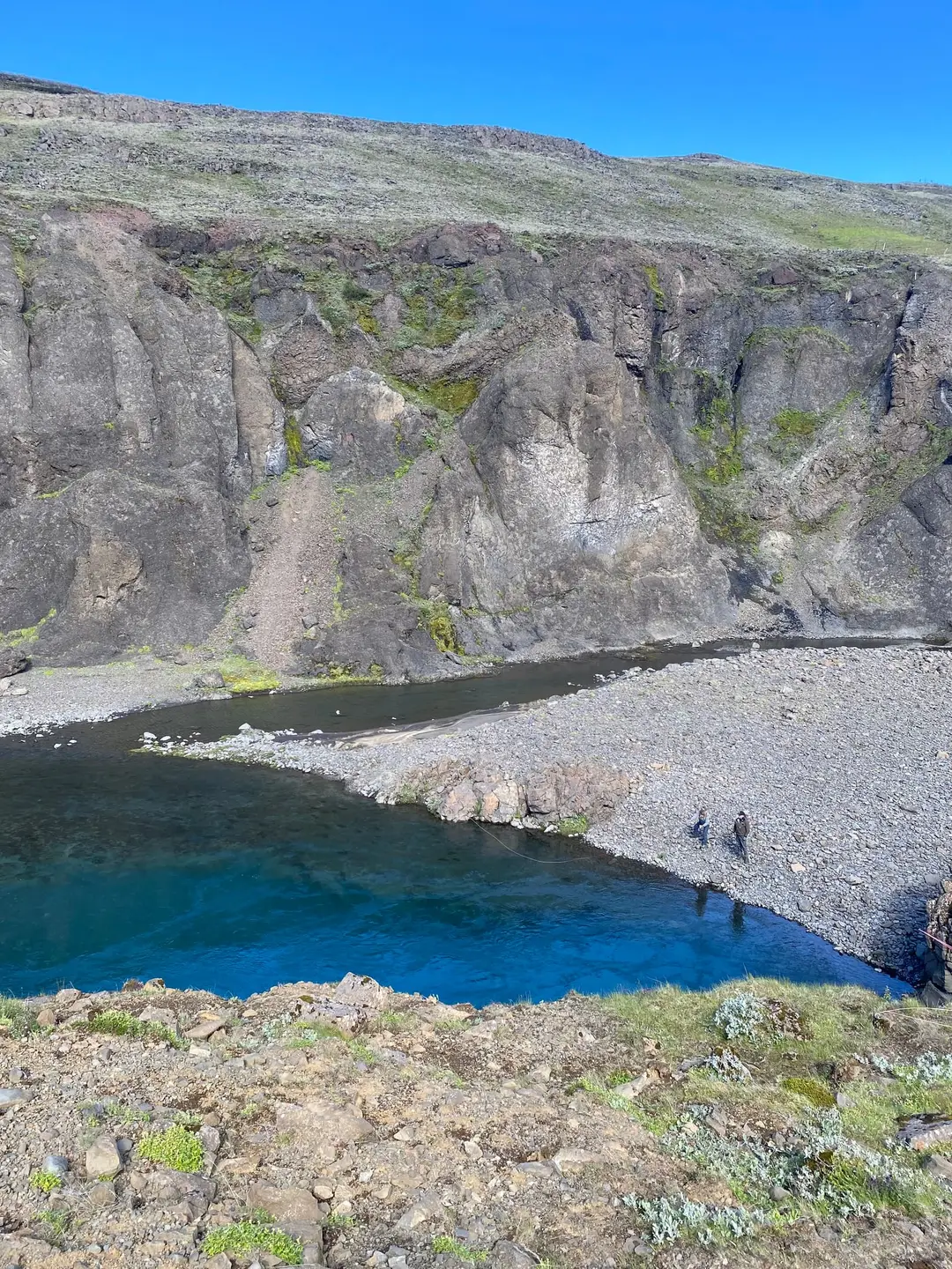 Two anglers netting a fish over the clear water of the upper beat